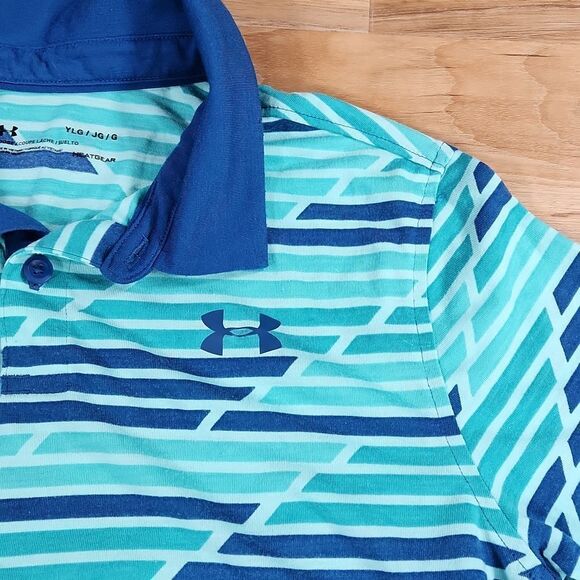 🦋Under Armour Blue & Turquoise Golf Collared Polo Shirt Youth Large - Picture 6 of 13
